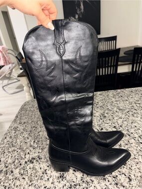 Black Knee-High Embroidered Cowboy Boots
